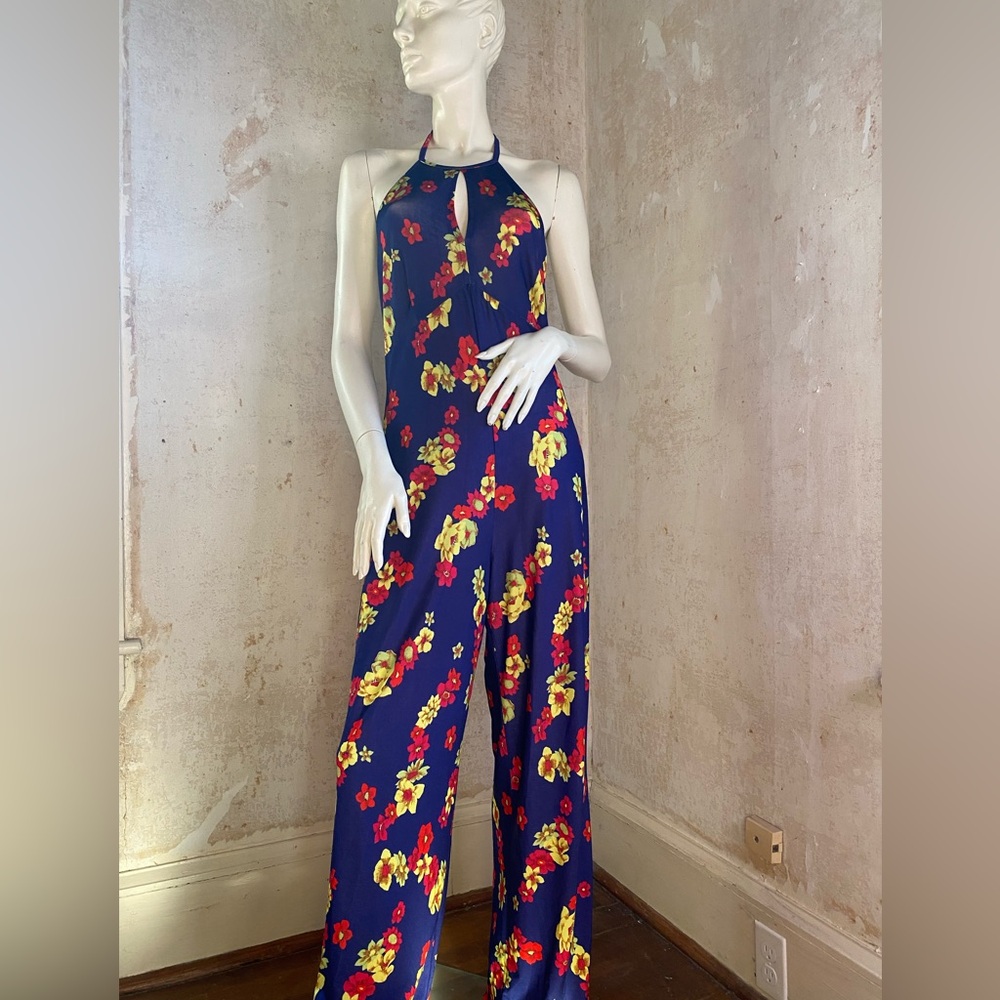 Vintage Esprit Floral Halter Wide Leg Jumpsuit 1970s Inspired